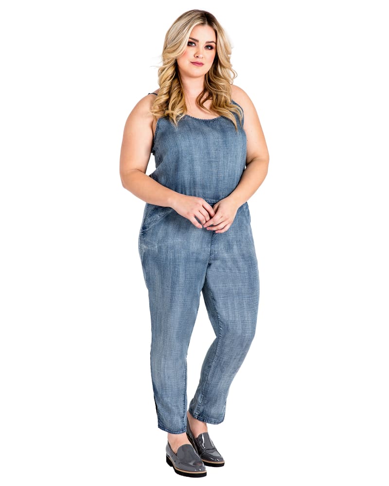 Front of a model wearing a size 1X Rhonda Denim Jumpsuit in Blue by Standards & Practices. | dia_product_style_image_id:276314